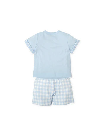 TUTTO PICCOLO CONJUNTO CAMISETA Y BERMUDAS PUNTO COCHE AZUL CIELO BEBÉ