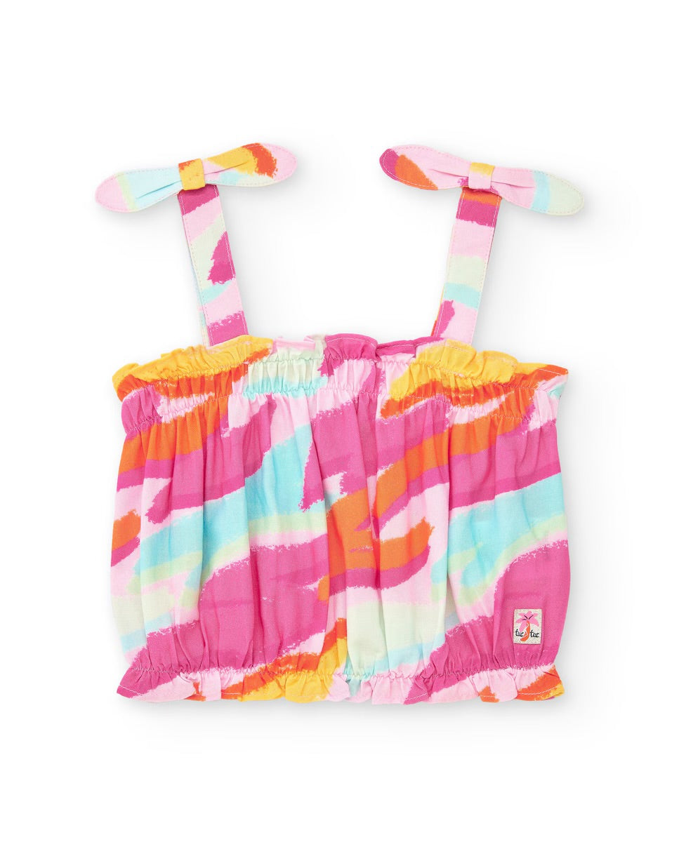 Tuc Tuc Conjunto Top y Pantalón rosa para niña con estampado multicolor y lazos en los tirantes