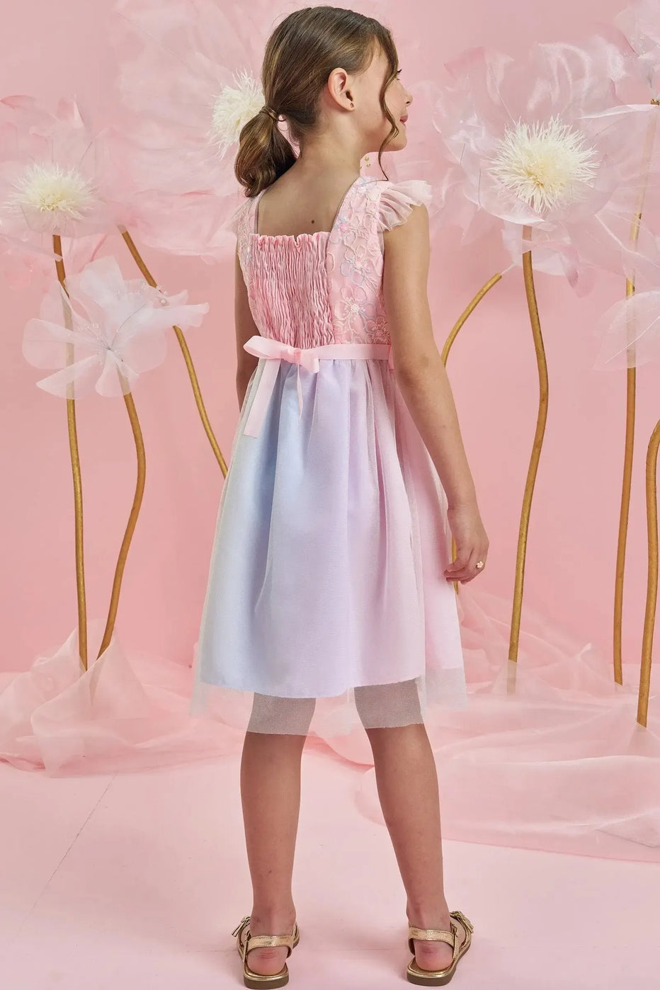Infanti Vestido Niña Rosa En Tul Bordado Flores Lentejuelas