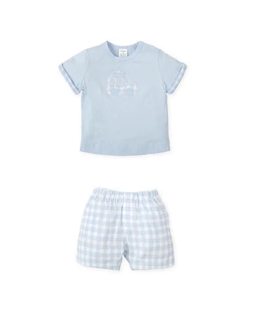 TUTTO PICCOLO CONJUNTO CAMISETA Y BERMUDAS PUNTO COCHE AZUL CIELO BEBÉ