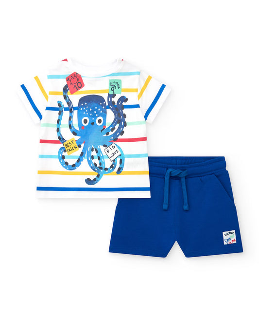 Tuc Tuc Conjunto para niño con camiseta de rayas y bermuda azul ajustable. Colección: Beach Squad