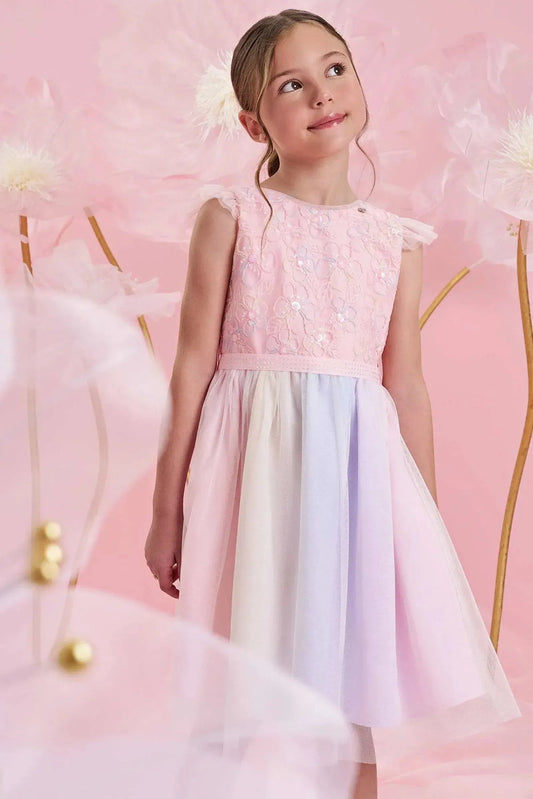 Infanti Vestido Niña Rosa En Tul Bordado Flores Lentejuelas