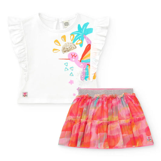 Tuc Tuc Conjunto Camiseta blanca para niña con colibrí tropical y lentejuelas Falda rosa para niña con tul multicolor y cintura ajustada. Colección: Sunrise Is A Lemon