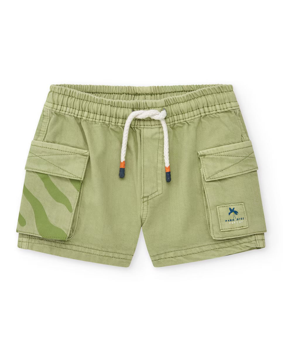 Tuc Tuc Conjunto Niño Camiseta naranja con estampado de cámara y texto Bermuda verde de sarga con bolsillos cargo y cordón ajustable