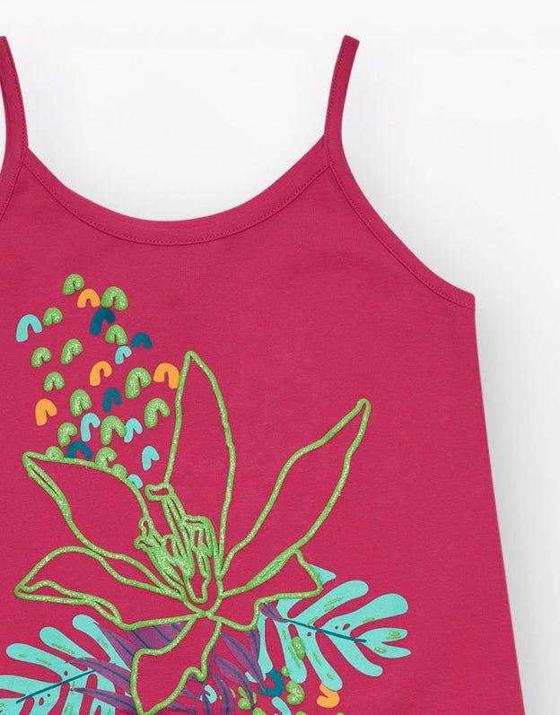 TucTuc NK Tropical Vibes Vestido para niña en rosa con estampado tropical y flor bordada