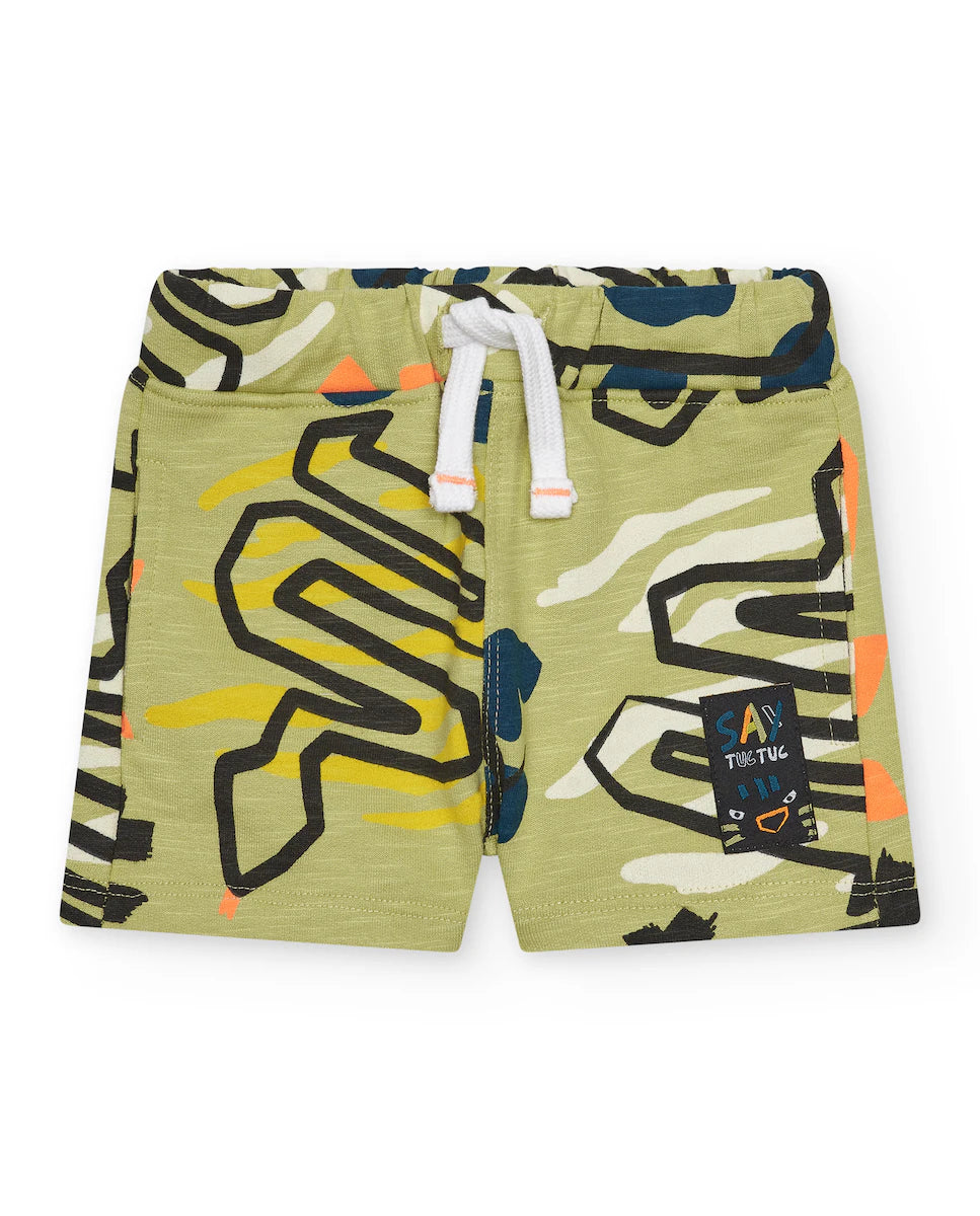 Tuc Tuc Conjunto Sudadera y Bermudas caqui para niño con estampado de animales y detalles en color