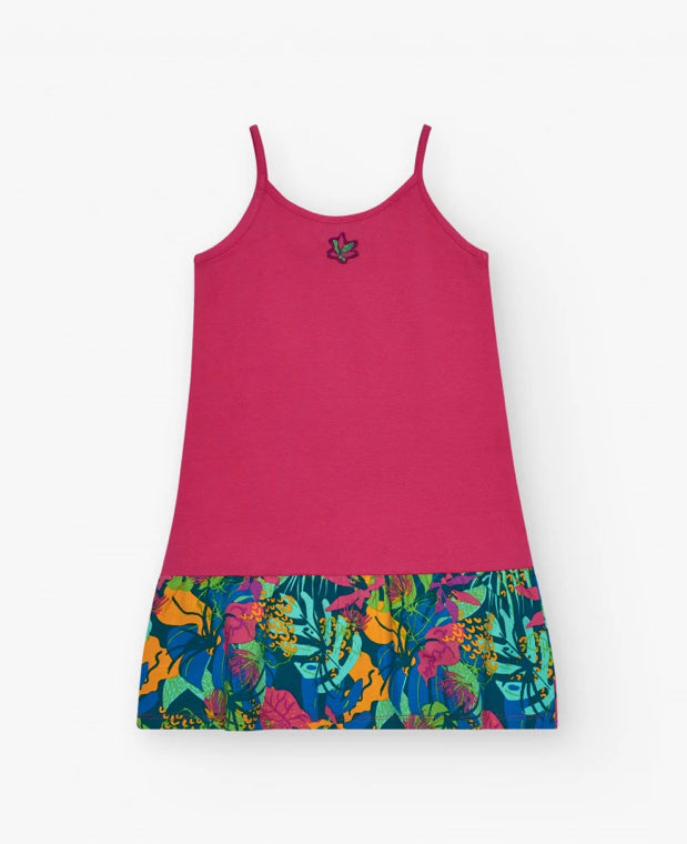 TucTuc NK Tropical Vibes Vestido para niña en rosa con estampado tropical y flor bordada