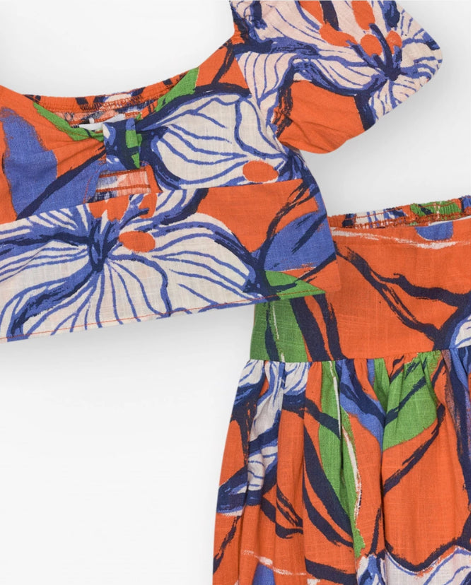 TucTuc NK Conjunto de camisa corta y falda para niña en naranja y azul con estampado floral
