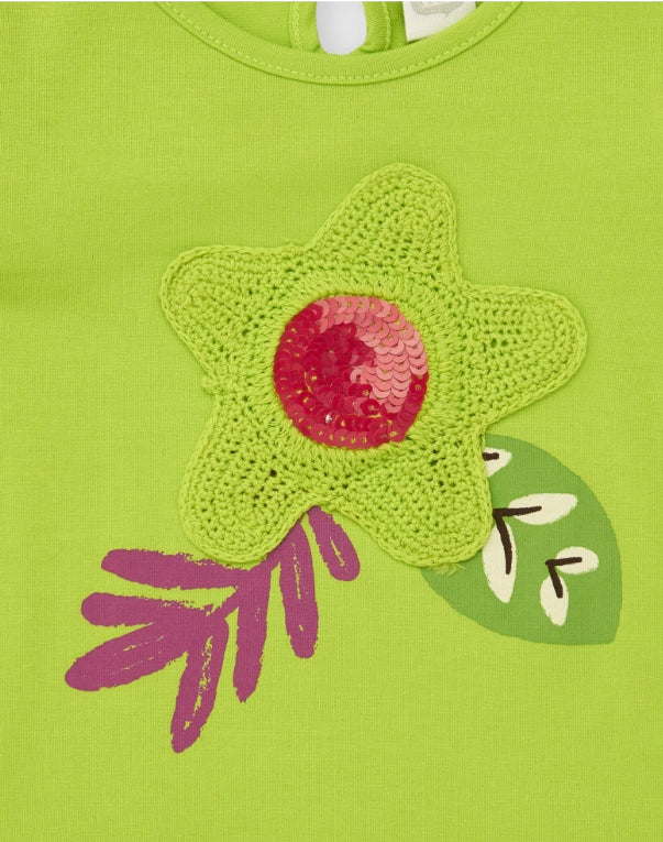 Tuc Tuc Conjunto Camiseta verde para niña con volantes y flor de crochet Falda blanca con detalles en crochet multicolor