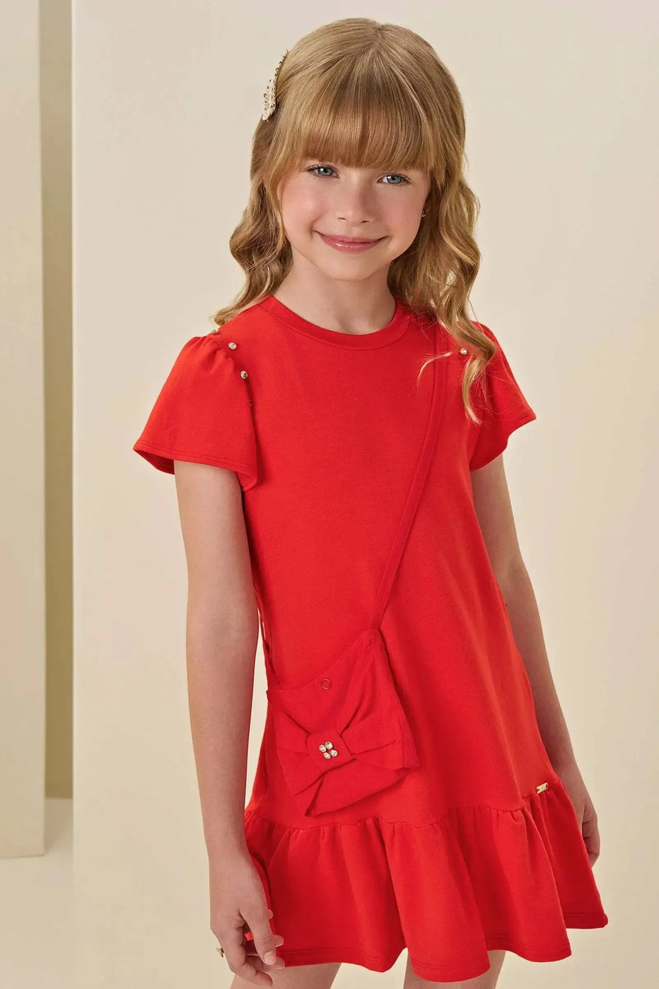 Infanti Vestido Niña Rojo Acompañado Cartera Roja