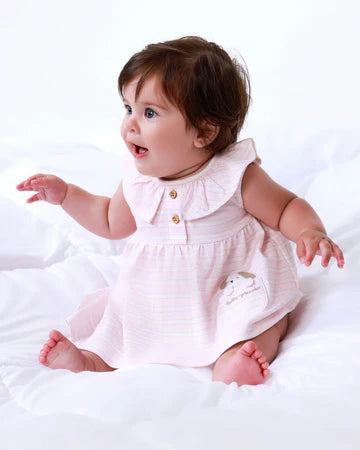 TUTTO PICCOLO VESTIDO CON BRAGUITA PUNTO RAYAS Y MASCOTA ROSA BEBÉ