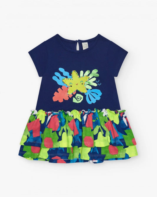 TucTuc Vestido Para Niña En Azul Con Estrella Amarilla Y Falda Floral. Colección: Color The Sea