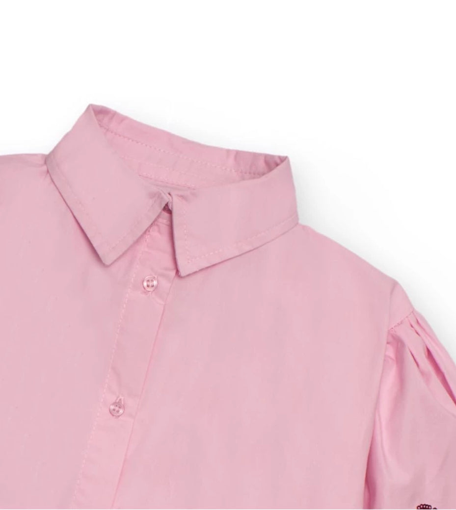 TucTuc NK Camisa rosa para niña con bordado floral en mangas y Falda vaquera con volante para niña.