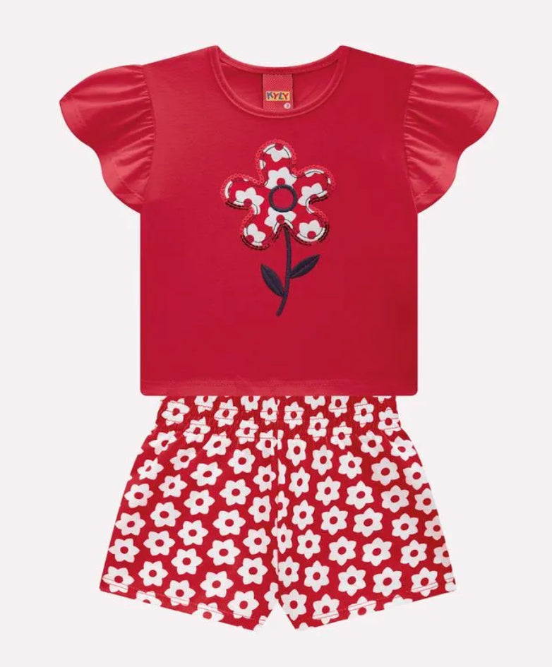 Kyly Conjunto Infantil Niña Bordado Flor Rojo