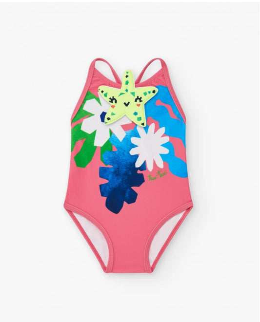 TucTuc Bañador Para Niña En Color Rosa Con Flores Y Tirantes Cruzados. Colección: Color The Sea