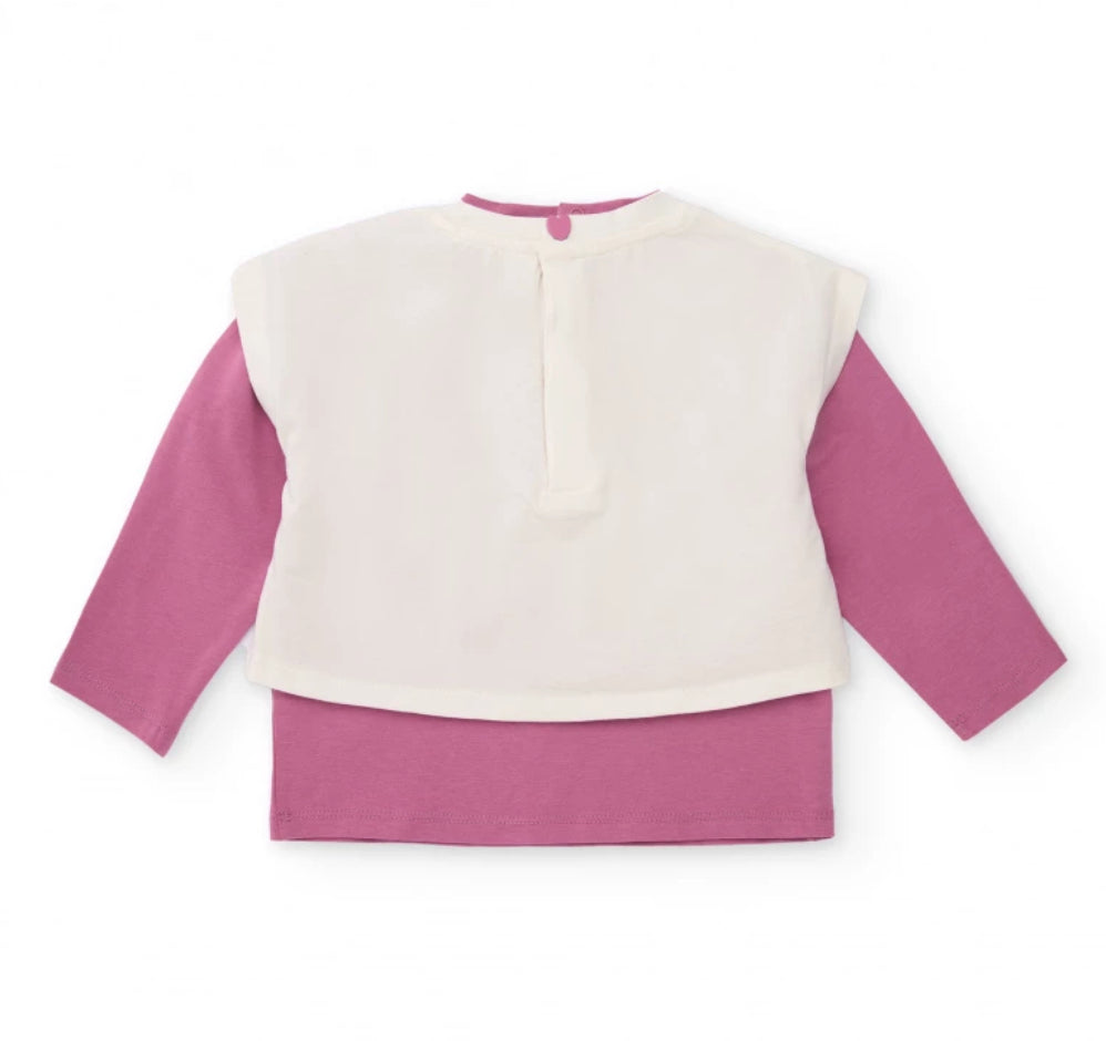 TucTuc Conjunto Niña Camiseta manga larga estampado bailarina y falda tutu rosa con estrellas doradas