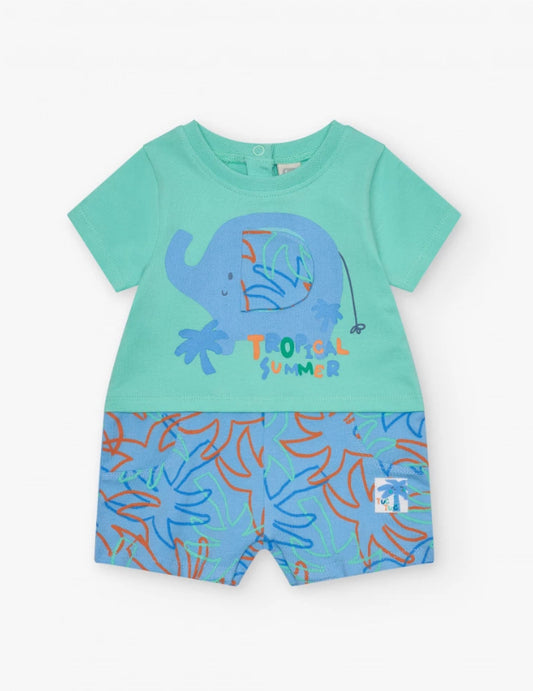 TucTuc Pelele Para Niño Con Estampado De Elefante Y Hojas En Tonos Azul, Verde Y Naranja