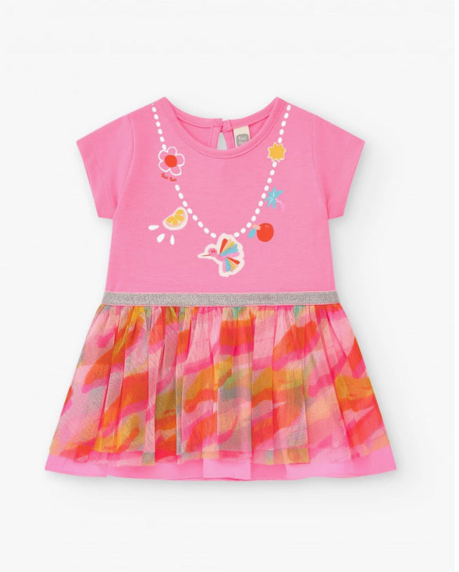 TucTuc Vestido Rosa Para Niña Con Falda Estampada Y Ribete Plateado. Colección: Sunrise Is A Lemon