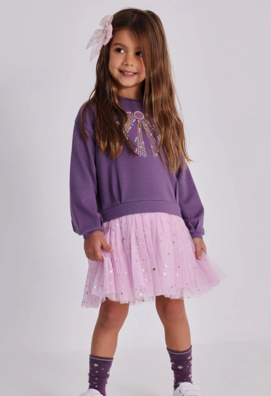 TucTuc Vestido morado para niña con falda de tul rosa y detalles de estrellas doradas