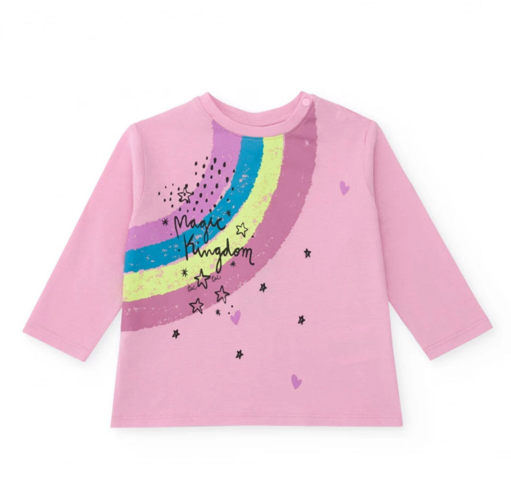 TucTuc Conjunto Camiseta Manga Larga Rosa Estampados Arcoíris Estrellas y Falda Lentejuelas Multicolor