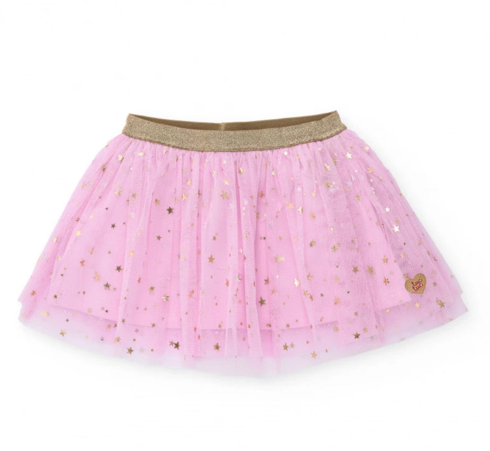 TucTuc Conjunto Niña Camiseta manga larga estampado bailarina y falda tutu rosa con estrellas doradas