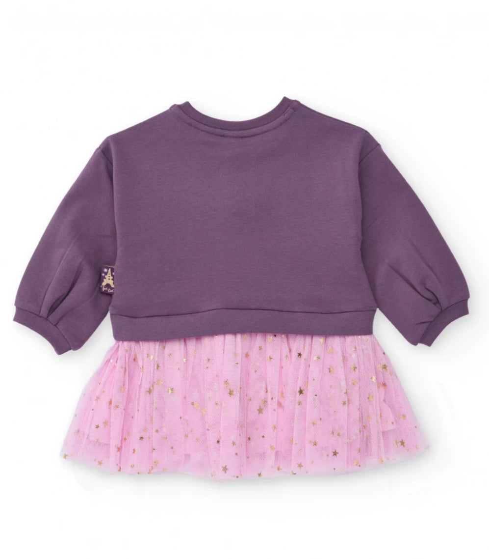 TucTuc Vestido morado para niña con falda de tul rosa y detalles de estrellas doradas
