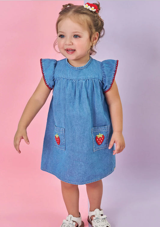 Kukiê Vestido Mahón Azul Bolsillos De Fresa