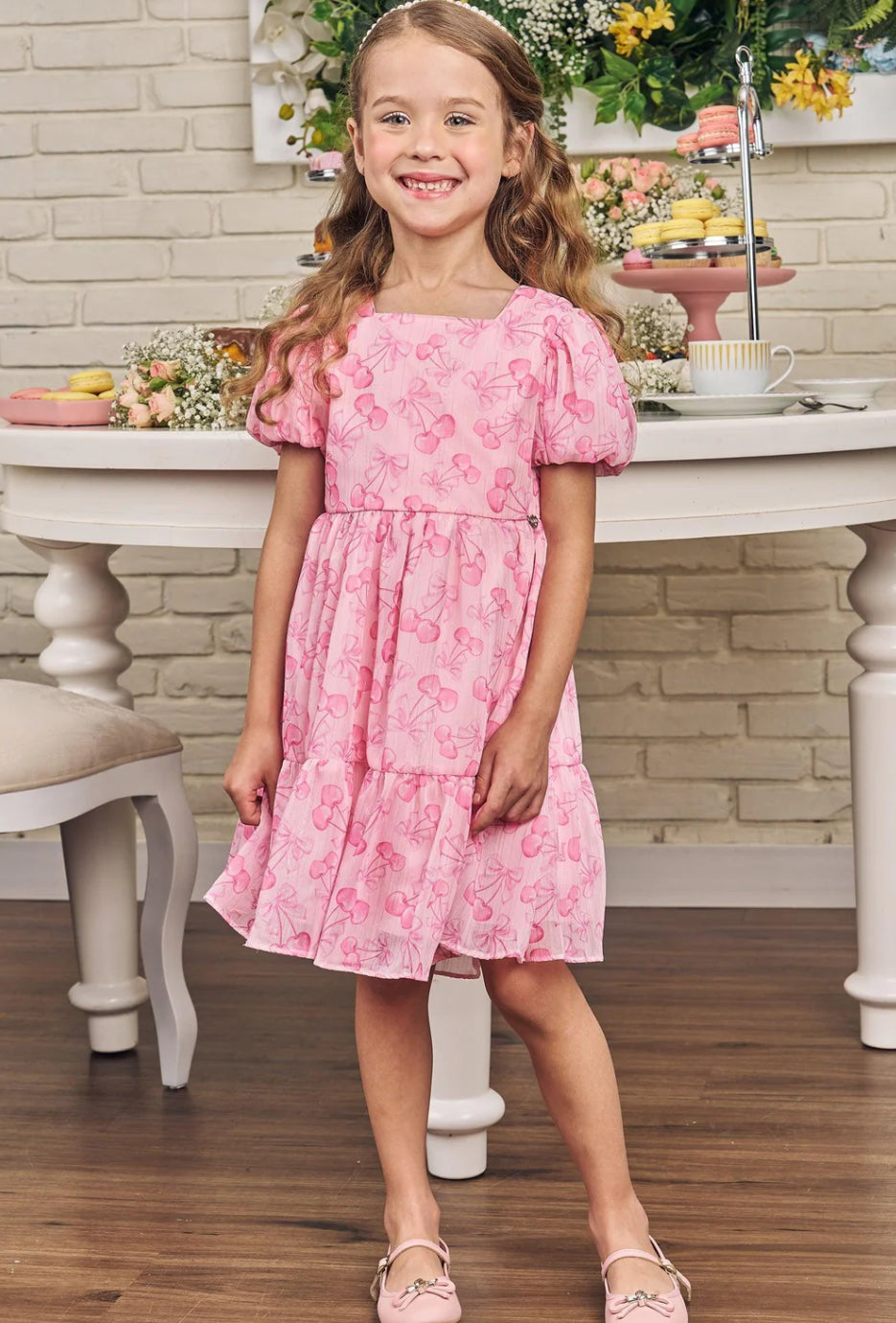 Kukiê Vestido Infantil Chifon Brilloso Rosa