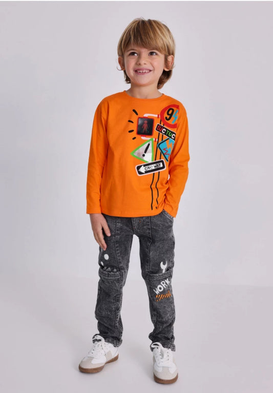 TucTuc Conjunto Niño Camiseta Manga Larga Estampados Señales Trafico Pantalón Gris Estampado Herramientas