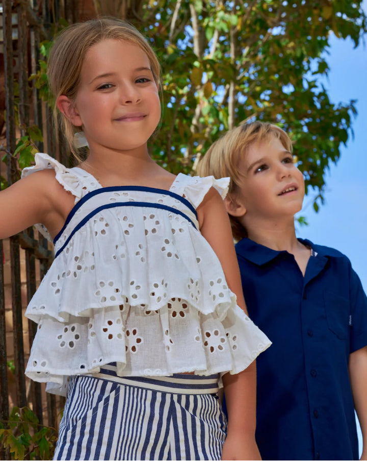 Tutto Piccolo Conjunto Top Lino Blanco Químico Y Short Rayas Azul Marino