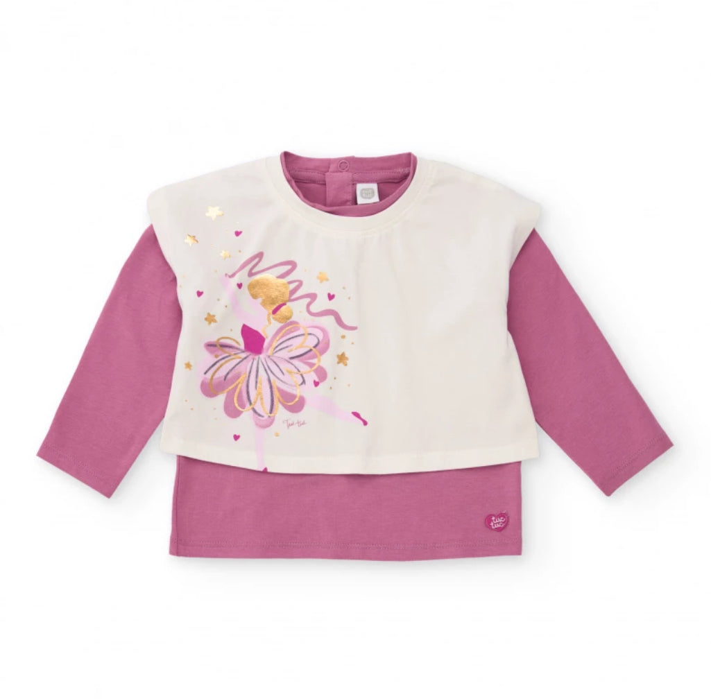 TucTuc Conjunto Niña Camiseta manga larga estampado bailarina y falda tutu rosa con estrellas doradas