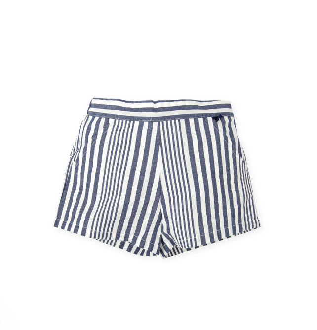 Tutto Piccolo Conjunto Top Lino Blanco Químico Y Short Rayas Azul Marino