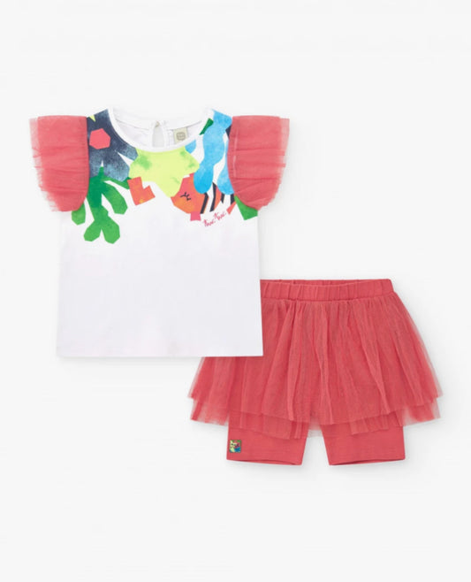 TucTuc Conjunto Para Niña Con Camiseta Blanca De Mangas De Tul Y Legging Rosa Con Falda De Tul. Colección: Color The Sea