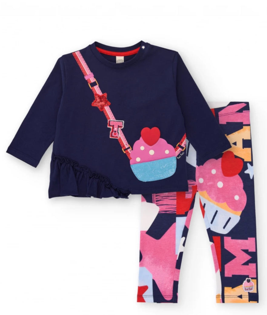 TucTuc Conjunto Camiseta Azul Marino Bolso Cupcake Y Legging Cupcake Y Estrellas