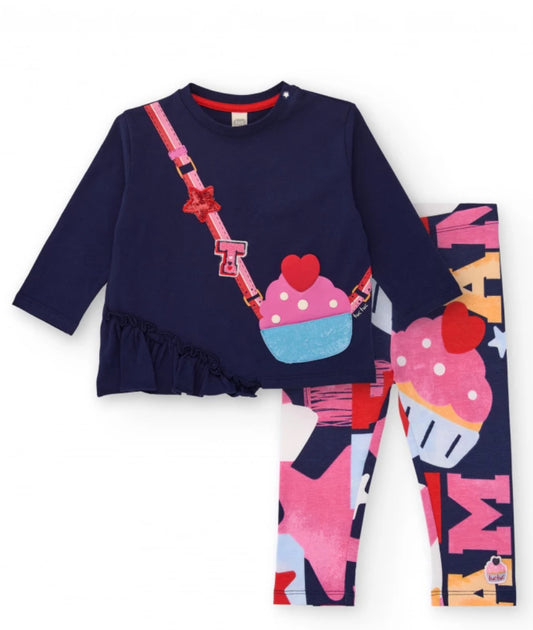 TucTuc Conjunto Camiseta Azul Marino Bolso Cupcake Y Legging Cupcake Y Estrellas