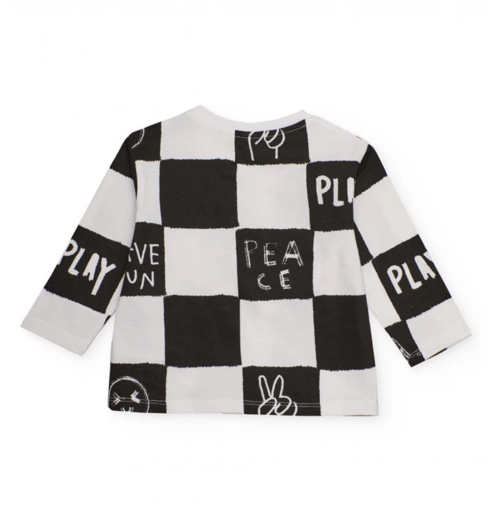 TucTuc Conjunto Camiseta Manga Larga Ajedrez “Play” “Peace” Y Pantalón Negro