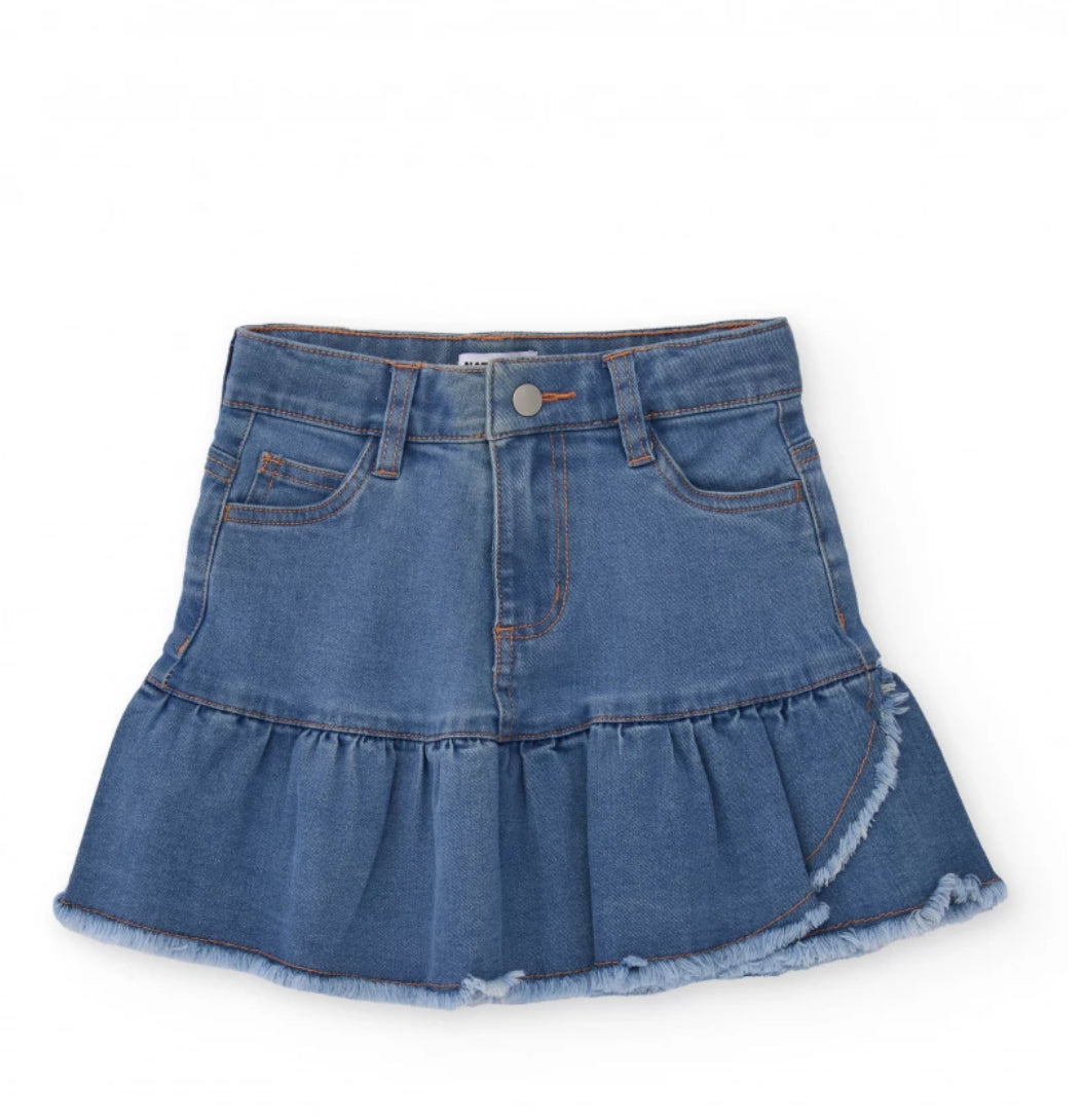 TucTuc NK Camisa rosa para niña con bordado floral en mangas y Falda vaquera con volante para niña.