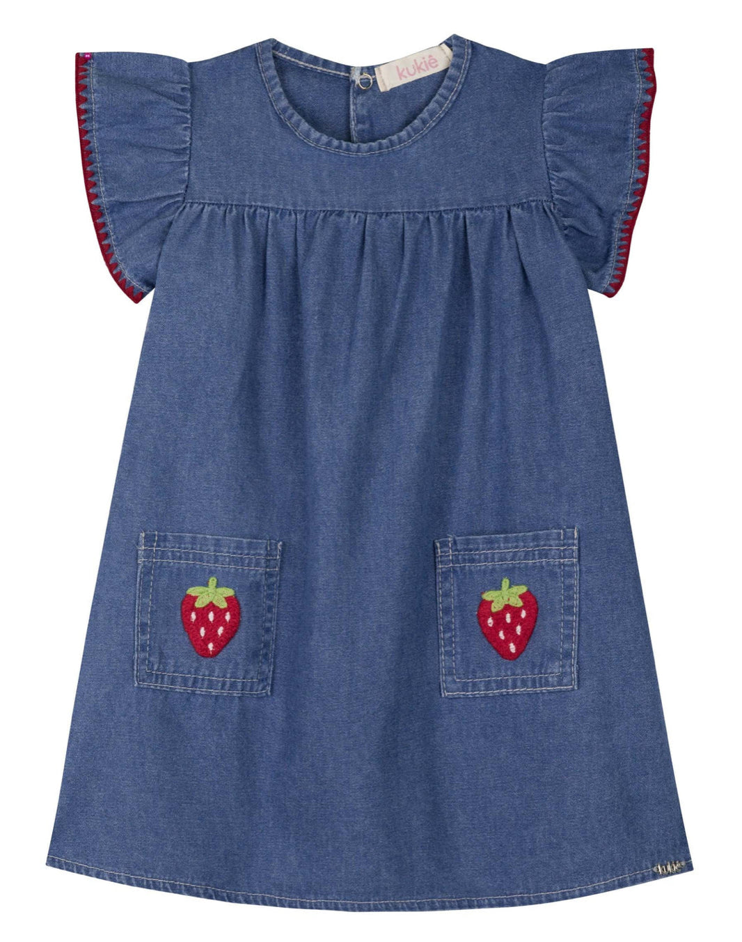 Kukiê Vestido Mahón Azul Bolsillos De Fresa