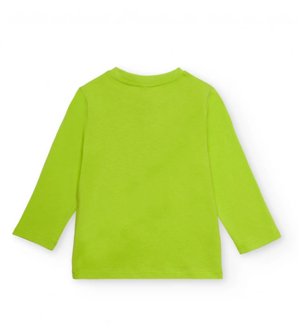 TucTuc Camiseta para niño color verde con estampado de astronauta y Pantalón azul marino con cintura ajustable y bordado de nave espacial.