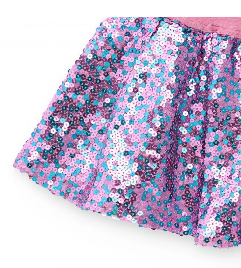 TucTuc Conjunto Camiseta Manga Larga Rosa Estampados Arcoíris Estrellas y Falda Lentejuelas Multicolor