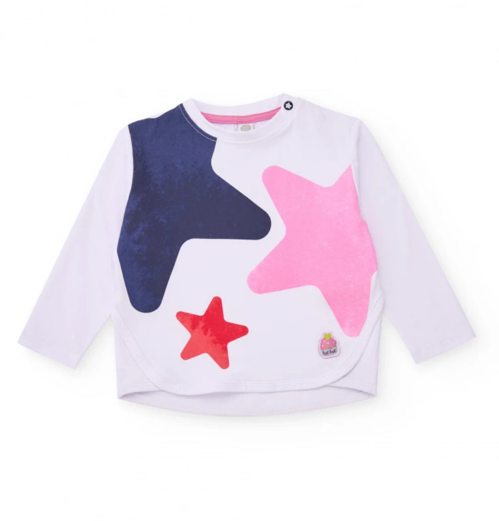 TucTuc Camiseta Blanca Manga Larga Estrellas Y Falda Plisada Multicolor.