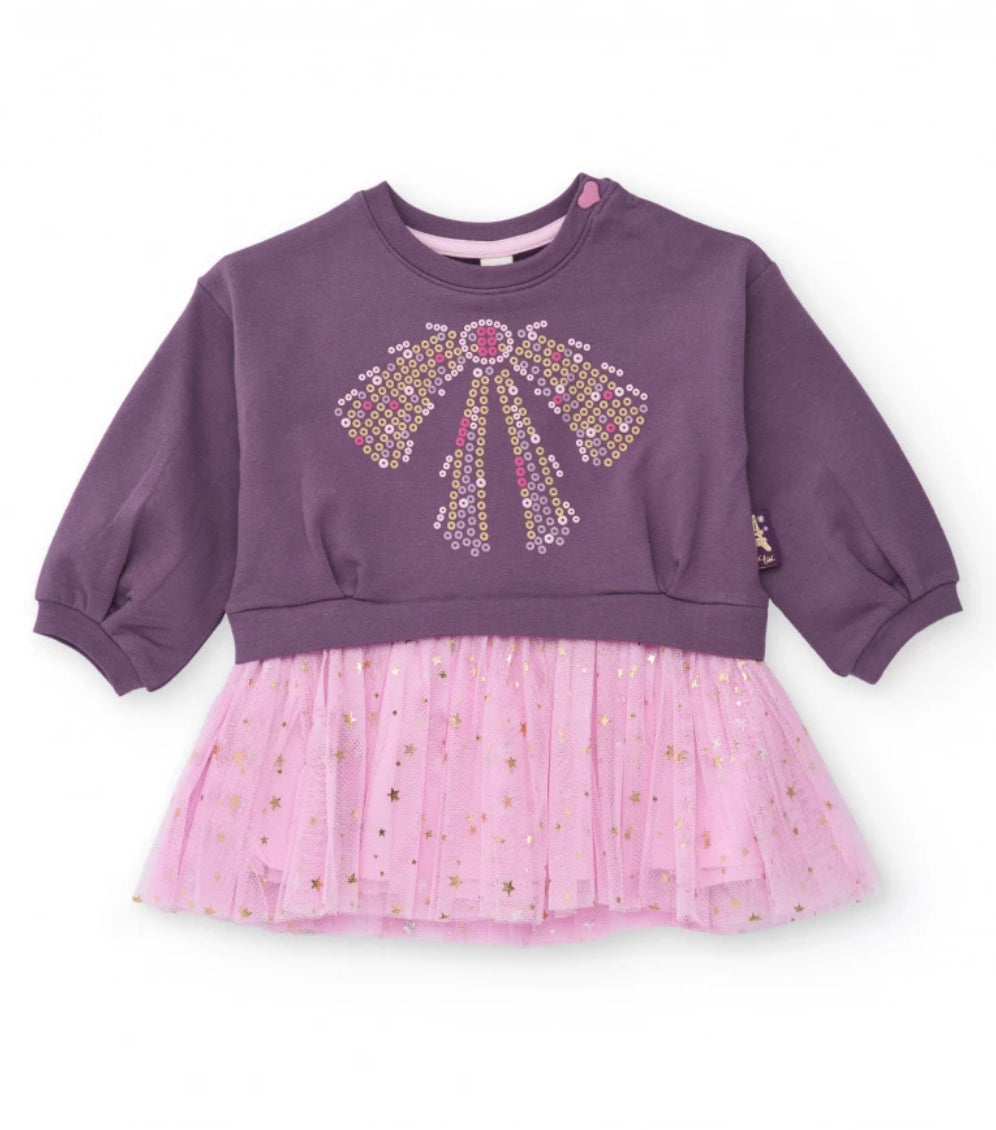 TucTuc Vestido morado para niña con falda de tul rosa y detalles de estrellas doradas