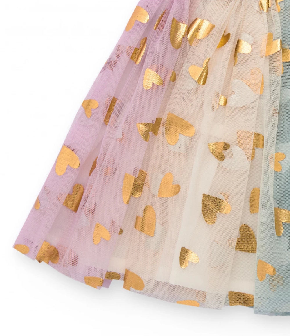 TucTuc Conjunto Camiseta Estampado Corazones Falda Tul Rosa Estampado Corazones Dorados