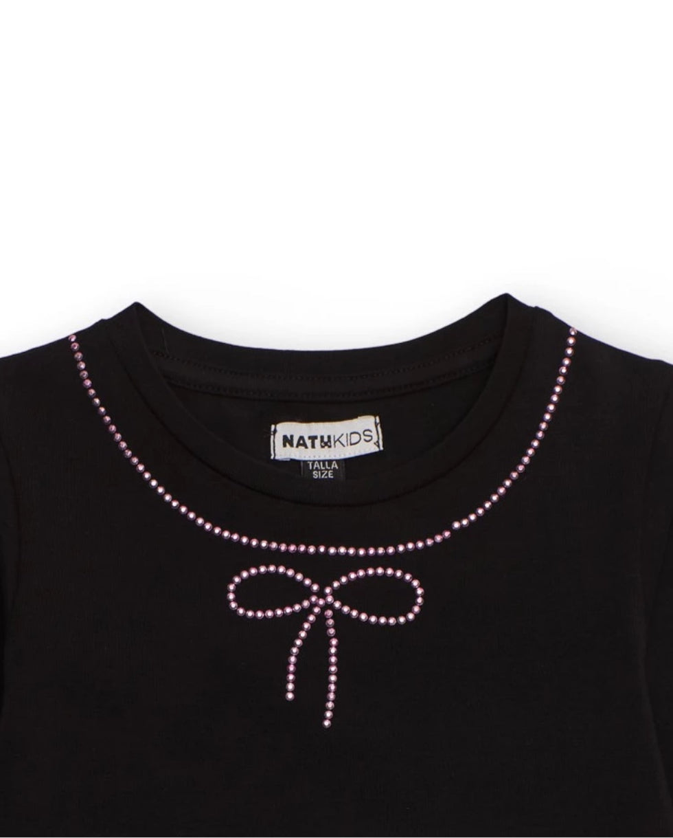 TucTuc NK Conjunto Niña Camiseta Negra Manga Larga Detalle Lazo   Falda Tul Rosa