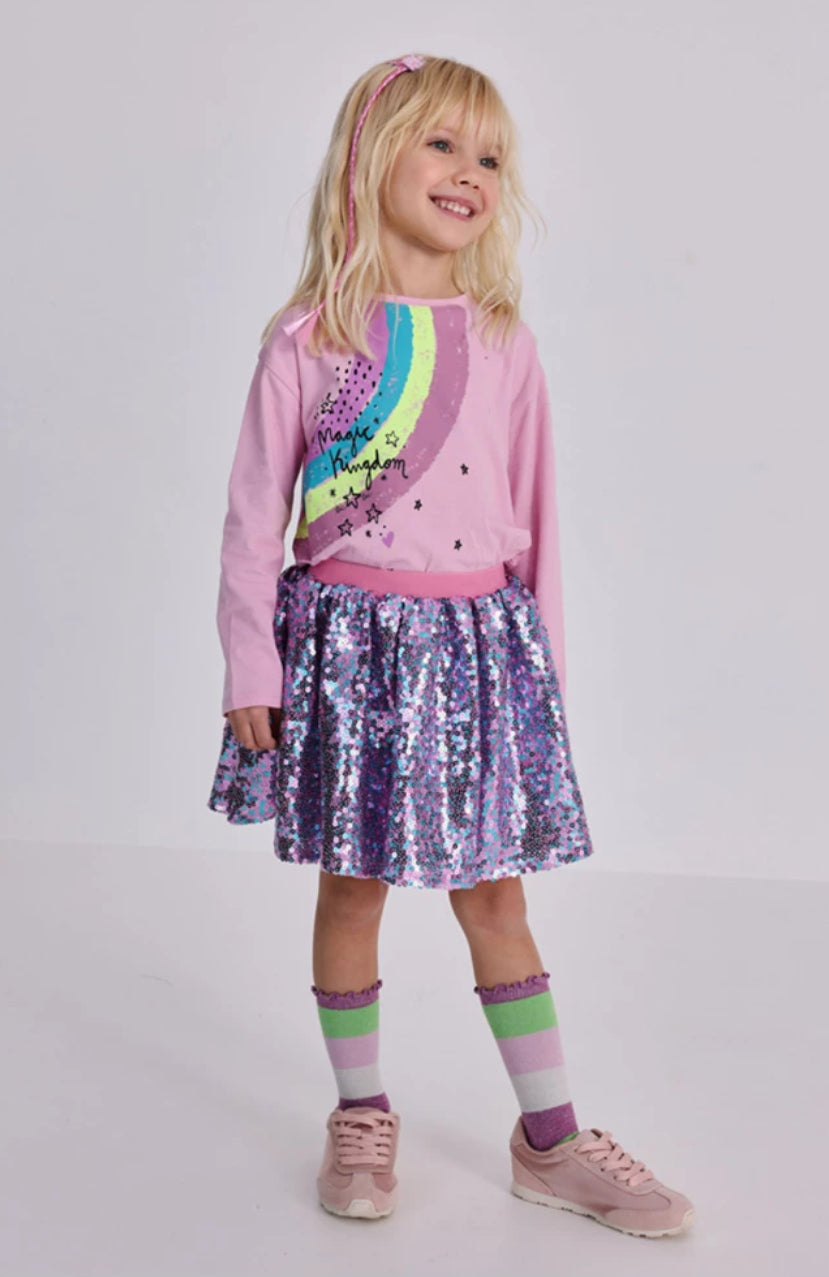 TucTuc Conjunto Camiseta Manga Larga Rosa Estampados Arcoíris Estrellas y Falda Lentejuelas Multicolor