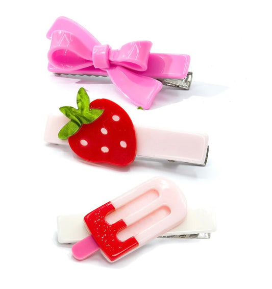 Lilies & Roses Popsicle Strawberry Pink Bow Hair Clips