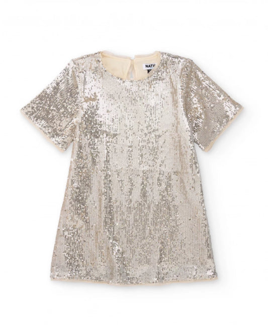 TucTuc NK Vestido de niña en color plata con lentejuelas y manga corta.