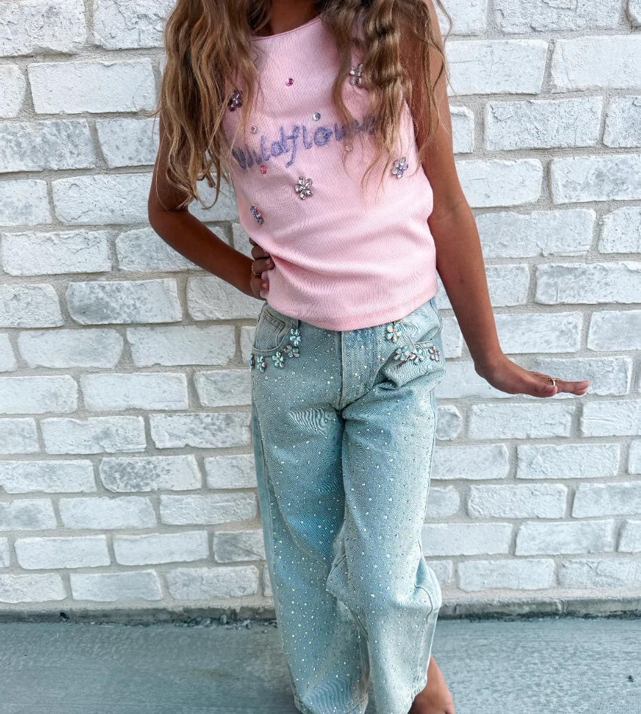 TWD Wide Leg Gem Embellished Jeans