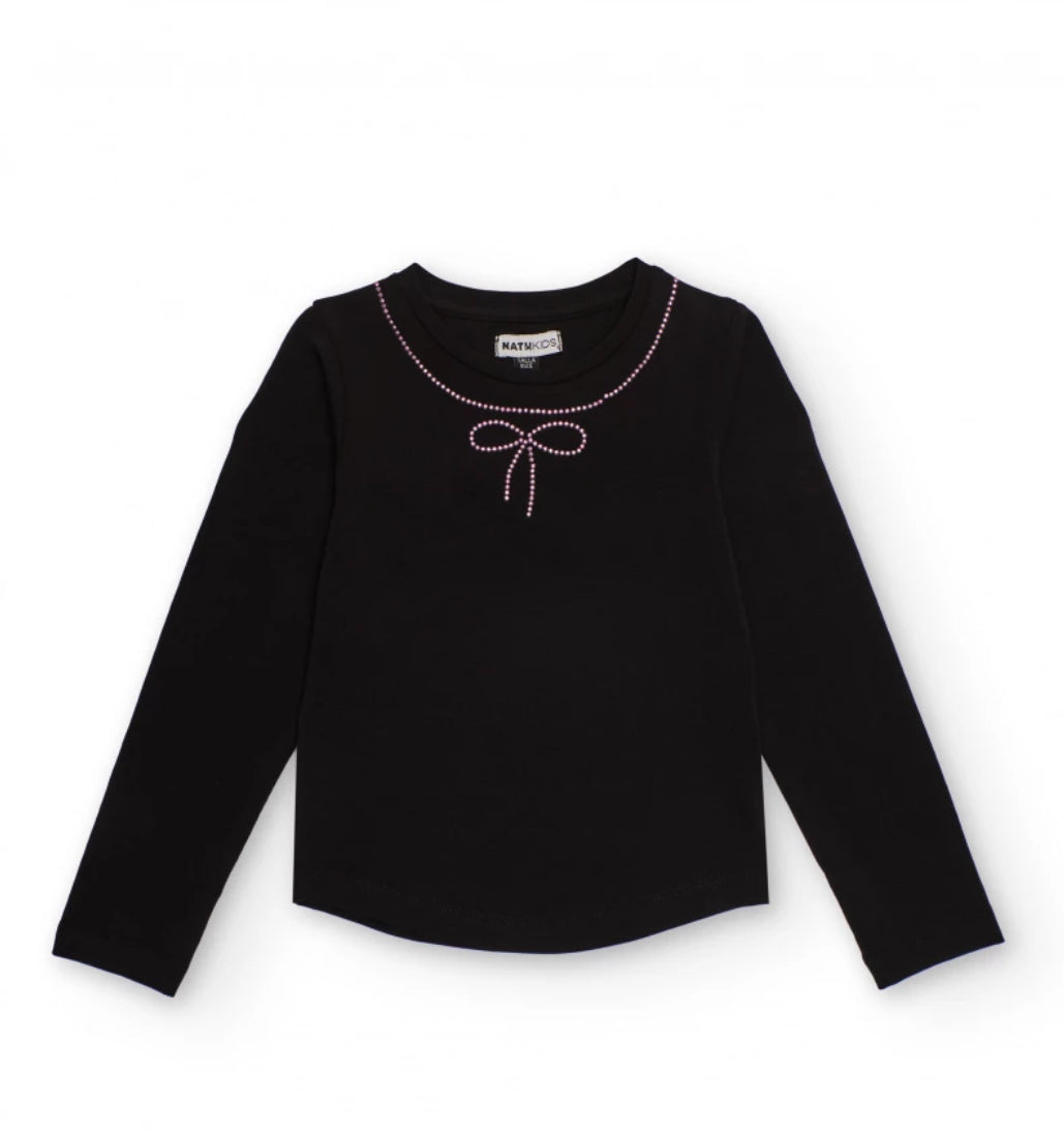 TucTuc NK Conjunto Niña Camiseta Negra Manga Larga Detalle Lazo   Falda Tul Rosa