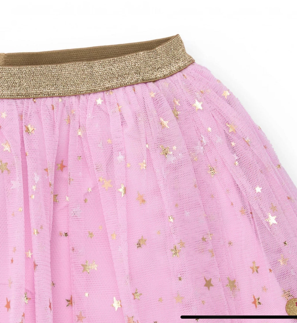 TucTuc Conjunto Niña Camiseta manga larga estampado bailarina y falda tutu rosa con estrellas doradas